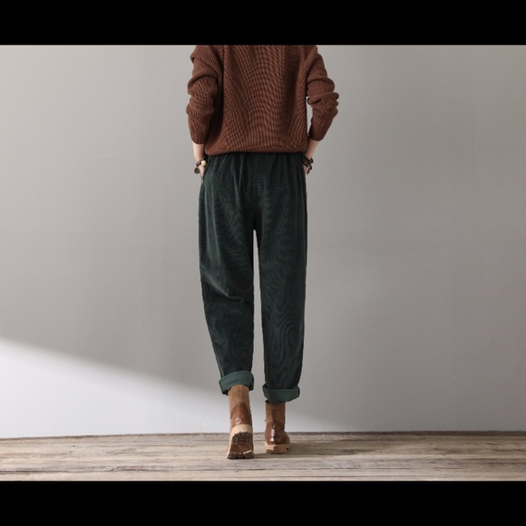 Corduroy Elastic Waist Loose Fit Brown Pants Small - Picture 11 of 11